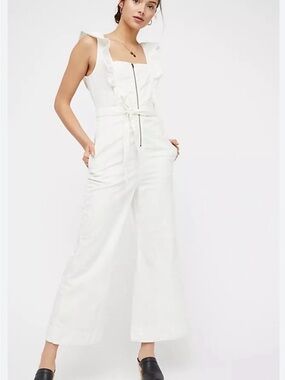 Free People White Sum Valley Denim Ruffle-Trim Wide-Leg Jumpsuit